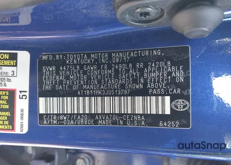 2018 Toyota Camry L/Le/Xle/Se/Xse из США, поврежденный, VIN 4T1B11HK3JU513797